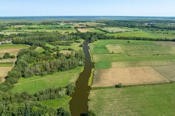 Vue aérienne de l'Acheneau, rivière entourée de champs