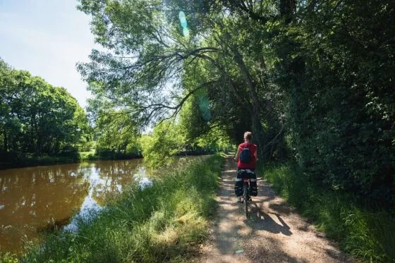 Un cycliste pédale à l'ombre des arbres qui bordent le Canal de Nantes à Brest