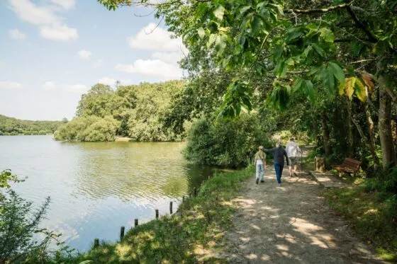 Une famille se promène sur les bords ombragés d'un lac