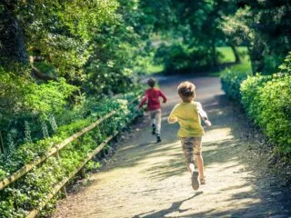 Deux enfants qui courent dans une allée du Jardin des Plantes de Nantes