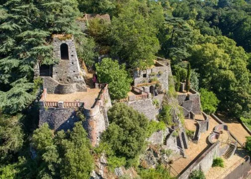 Vue aérienne d'un ensemble de batiments en pierre qui émergent de grands arbres