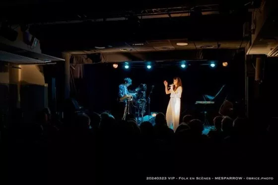 Une chanteuse se produit sur scène dans le cadre du festival Folk en Scène