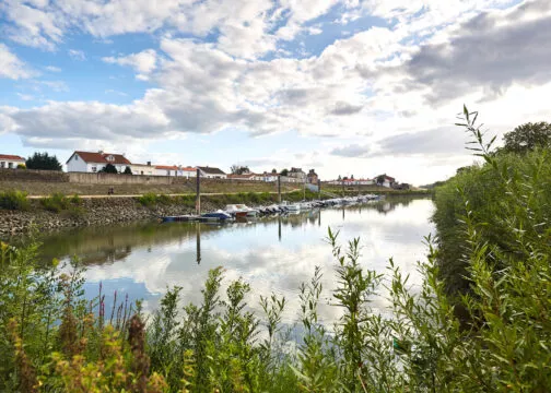 Vue sur les bords de Loire et la levée de la Divatte, bordée de maisons. Le ciel se reflète sur le fleuve qui est bordé de verdure.